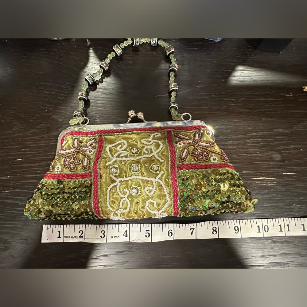 Petite jeweled sequin fabric evening beaded handled clutch handbag. New